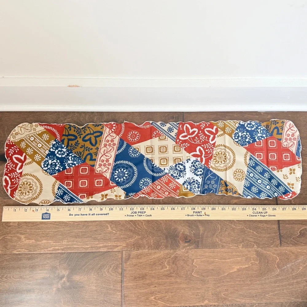 Vintage Patchwork Quilted Table Runner Table Scarf Red Blue Farmhouse 30x8
